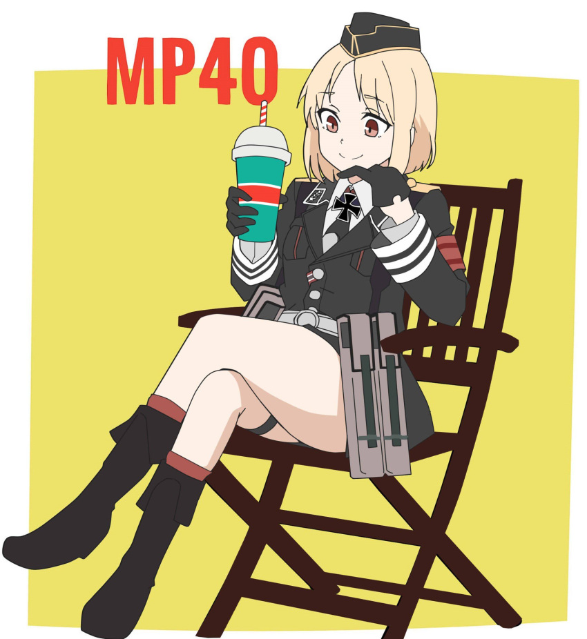 1girl armband black_footwear black_gloves black_neckwear blonde_hair boots brown_eyes buttons chair drinking_straw eyebrows eyebrows_visible_through_hair folding_chair garrison_cap girls'_frontline gloves half_gloves hand_on_own_chin hat highres holding iron_cross knee_boots korean_commentary military military_hat military_uniform milkshake mp40_(girls'_frontline) necktie nose perfect_han pouch sheath short_hair simple_background sitting smile solo thigh_strap uniform