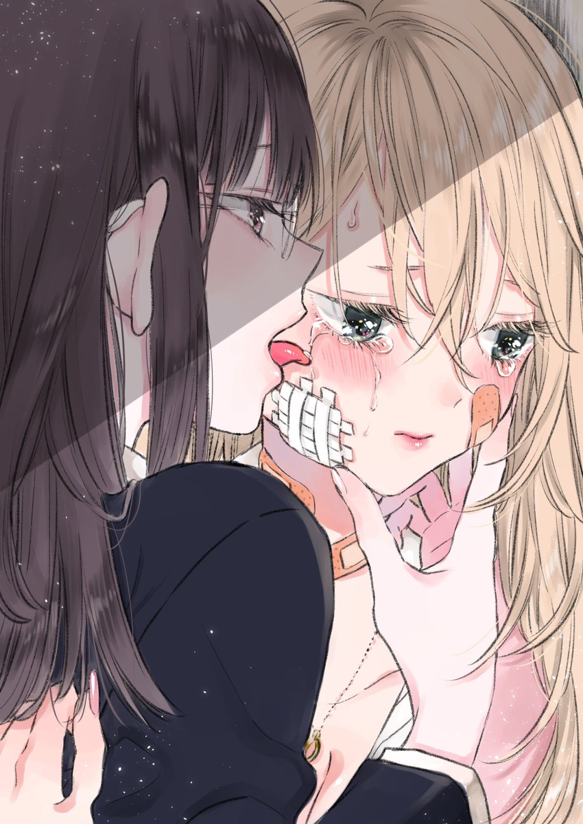 2girls bandaid bandaid_on_cheek black_shirt blonde_hair blush brown_eyes brown_hair closed_mouth face_licking from_side glasses grey_eyes hair_between_eyes hand_on_another's_face highres hug kawai_rou licking licking_tears long_hair multiple_girls original ring_necklace shirt tears tongue tongue_out yuri