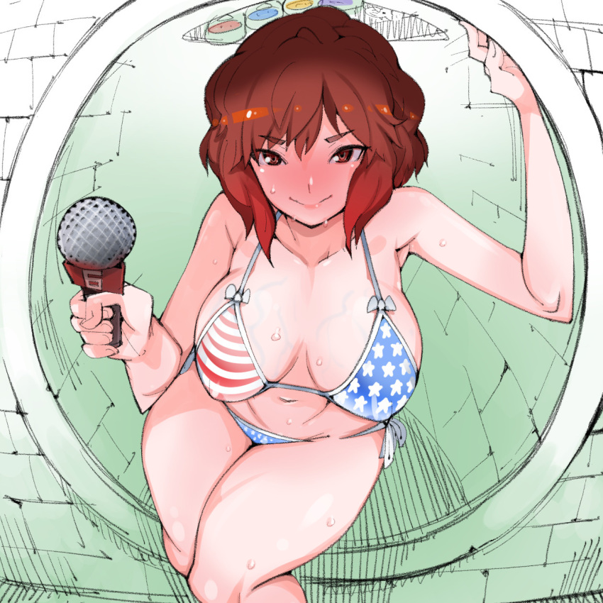 american_flag american_flag_bikini april_o'neil bikini blush breasts brown_eyes brown_hair cleavage closed_mouth collarbone flag_print highres holding holding_microphone large_breasts microphone print_bikini print_swimsuit sewer short_hair simple_background sweat swimsuit teenage_mutant_ninja_turtles teriyaki veins