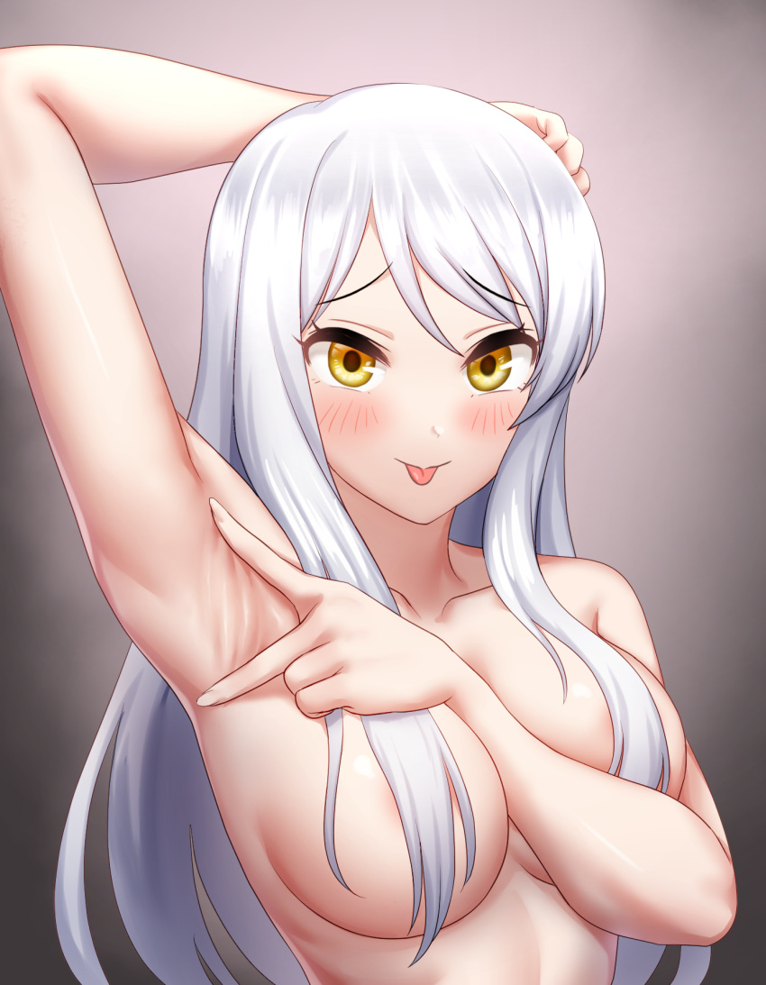 1girl arm_up armpits bangs blush breasts eve_santaclaus eyebrows_visible_through_hair greenteamousou highres idolmaster idolmaster_cinderella_girls long_hair looking_at_viewer medium_breasts presenting_armpit solo spread_armpit tongue tongue_out upper_body white_hair yellow_eyes