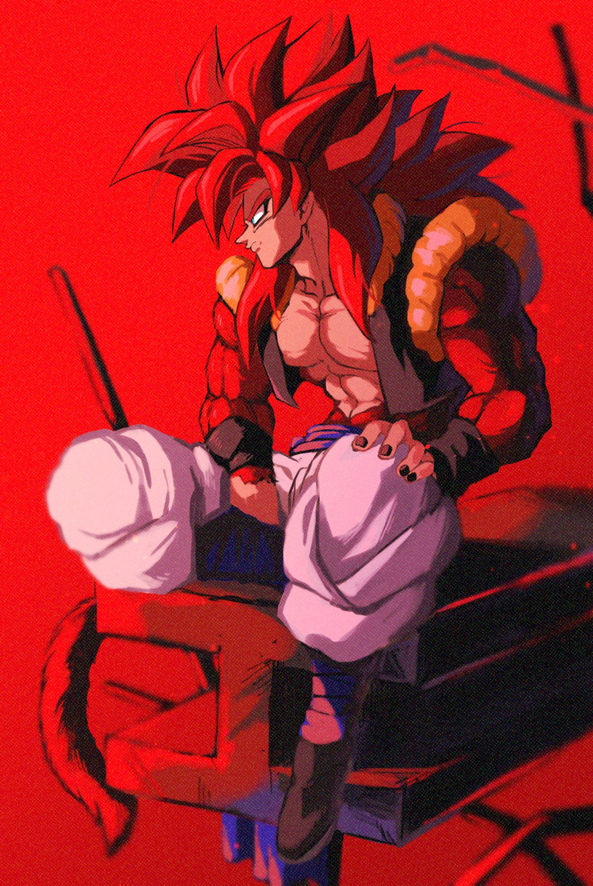 bare_pectorals biceps black_footwear dragon_ball dragon_ball_gt foot_dangle gogeta highres metamoran_vest monkey_boy monkey_tail muscular muscular_male no_nipples pants pectorals red_fur red_sky relio_db318 ruins simple_background sitting sky spiked_hair steel_beam super_saiyan super_saiyan_4 tail white_pants wristband