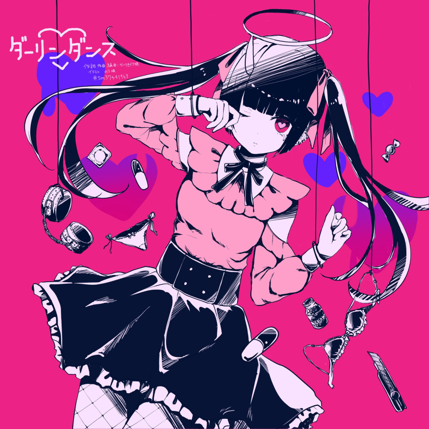 1girl bendy_straw black_footwear black_hair black_skirt borrowed_design bow bow_bra bra bra_removed can candy check_commentary commentary_request darling_dance_(vocaloid) detached_sleeves drinking_straw fishnet_legwear fishnets food frilled_skirt frills hair_bow halo hatsune_miku head_tilt heart heart-shaped_pupils heart_lollipop highres katorea kneeling lollipop long_sleeves looking_at_viewer original parted_lips pill pink_bow pink_shirt pink_sleeves purple_background red_eyes shirt shoes skirt skirt_hold sleeveless sleeveless_shirt smile solo symbol-shaped_pupils twintails underwear vocaloid