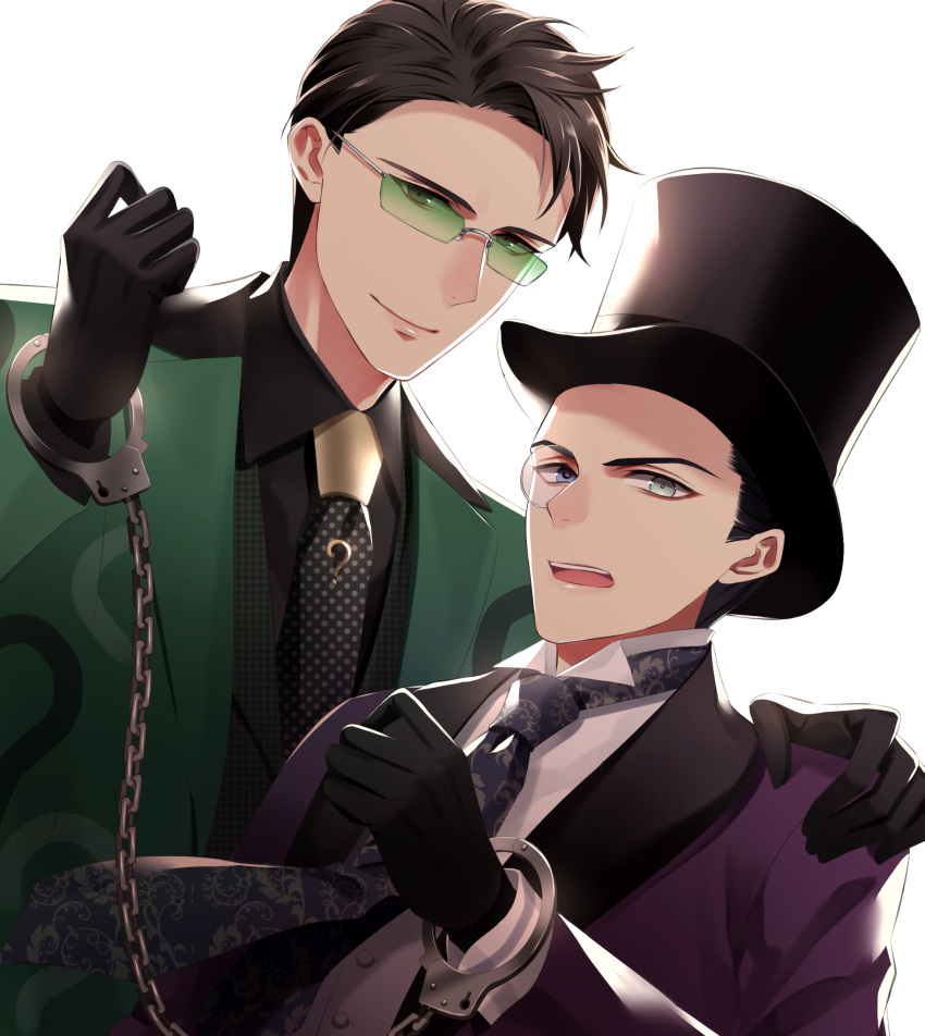 2boys :o araragi_soushi black_gloves black_headwear blue_eyes edward_nygma gloves gotham_(series) green_suit hand_on_shoulder highres looking_at_viewer monocle multiple_boys necktie open_mouth oswald_chesterfield_cobblepot purple_suit simple_background smile tinted_eyewear upper_body white_background