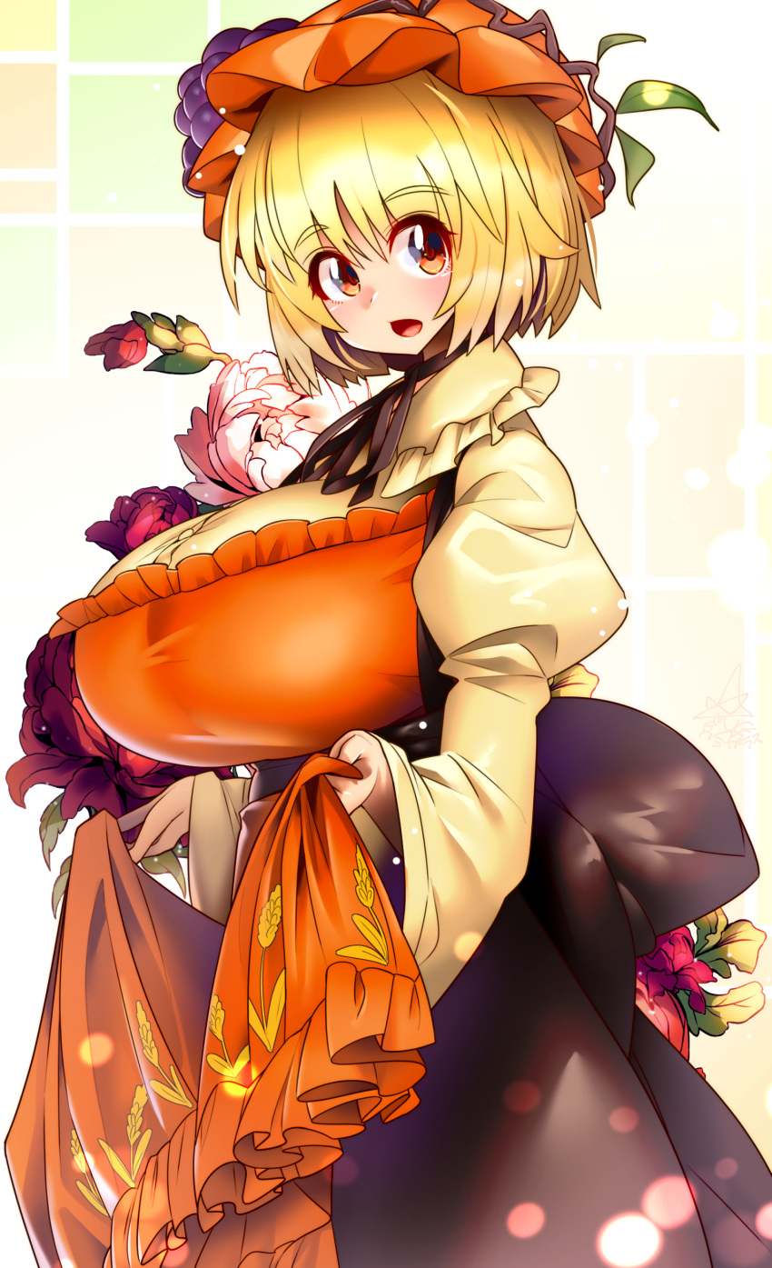 1girl absurdres aki_minoriko blonde_hair breasts flower food food-themed_hair_ornament fruit gigantic_breasts grape_hair_ornament grapes hair_ornament highres leaf_hair_ornament red_eyes short_hair solo touhou umigarasu_(kitsune1963)