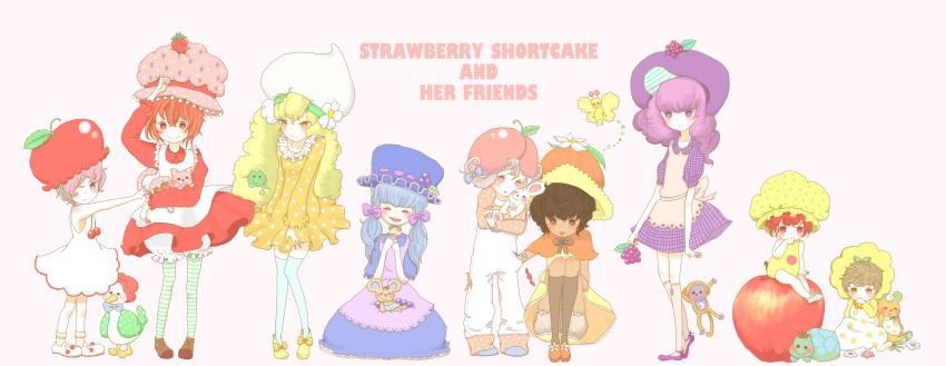 6+girls :d absurdres animal animal_on_lap apple apple_dumplin'_(sbsc) apple_hair_ornament apricot_(sbsc) apron baby bird black_hair blonde_hair blue_dress blue_hair blueberry_muffin_(sbsc) bob_cut bonnet bow brown_eyes bug bunny butter_cookie_(sbsc) butterfly cape capelet caption cat cherry_cuddler_(sbsc) child copyright_name custard_(sbsc) dark-skinned_female dark_skin dress duck flat_color flower food food-themed_hair_ornament frog fruit hair_bow hair_ornament hat highres holding holding_animal holding_bunny holding_cat hotate1 insect large_hat leggings lemon_meringue_(sbsc) light_brown_hair lolita_fashion long_hair monkey mouse multiple_girls onesie open_mouth orange_blossom_(sbsc) orange_dress overalls oversized_object pastel_colors petite pink_eyes pink_hair platinum_blonde_hair purple_dress purple_eyes purple_hair raspberry raspberry_torte_(sbsc) red_dress red_hair ribbon short_hair short_twintails sitting_on_apple smile strawberry strawberry_shortcake strawberry_shortcake_(copyright) strawberry_shortcake_(sbsc) striped striped_legwear stuffed_animal stuffed_toy teddy_bear toddler turtle twintails vintage_clothes white_background yellow_dress yellow_eyes