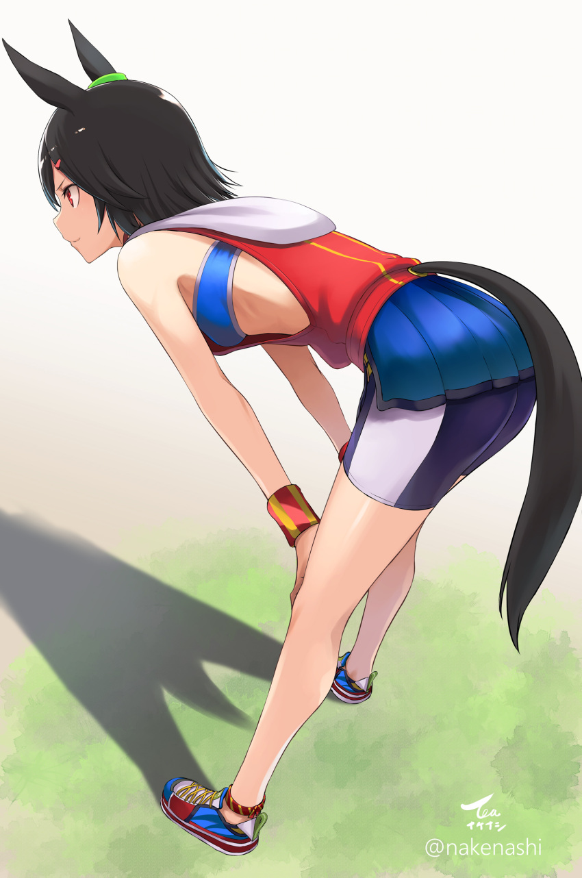 1girl absurdres animal_ears ass bare_shoulders bent_over bike_shorts black_hair blue_footwear blue_shorts blue_skirt breasts closed_mouth commentary_request from_side grey_background hair_ornament hairclip highres horse_ears horse_girl horse_tail looking_away pleated_skirt profile red_eyes shoes short_shorts shorts shorts_under_skirt signature skirt small_breasts smile solo standing sweatband tail tea_(nakenashi) twitter_username umamusume winning_ticket_(umamusume) wristband