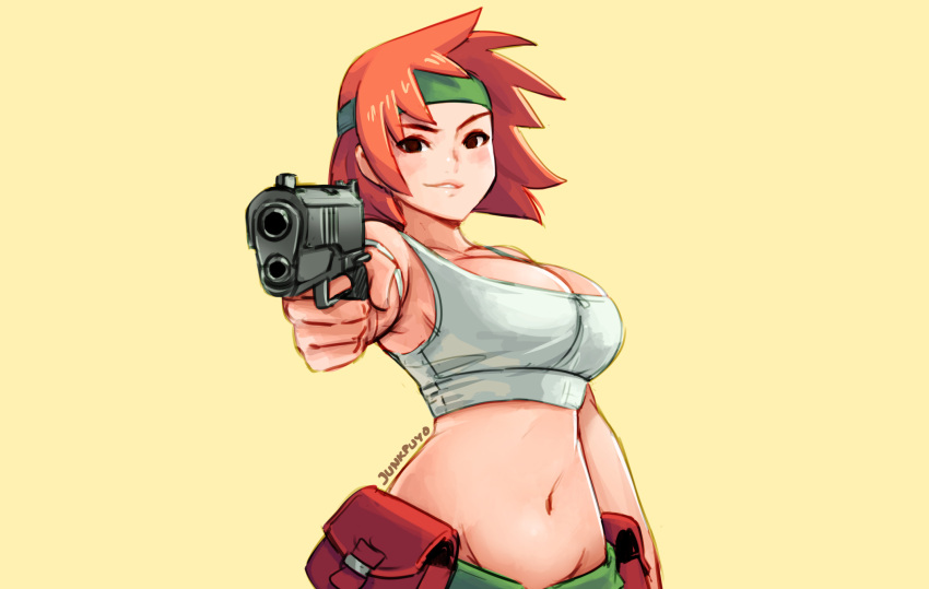 advance_wars breasts cleavage domino_(advance_wars) gun headband junkpuyo navel red_eyes red_hair short_hair signed sketch weapon wristwear yellow