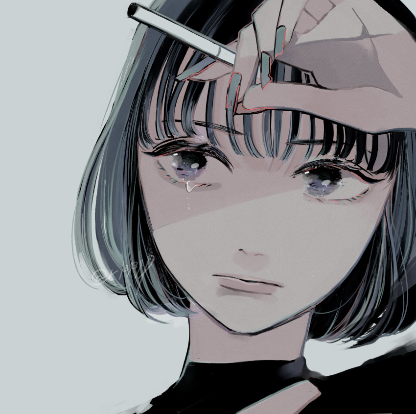 1girl bangs cigarette crying crying_with_eyes_open hand_up highres holding holding_cigarette looking_at_viewer original portrait richard_(ri39p) short_hair simple_background tears watermark