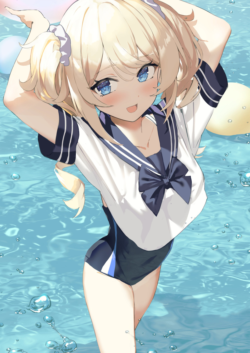 1girl absurdres arms_up bangs barbara_pegg blonde_hair blue_eyes blush breasts genshin_impact highres long_hair looking_at_viewer medium_breasts open_mouth smile solo swimsuit thighs twintails wading water xkirara39x