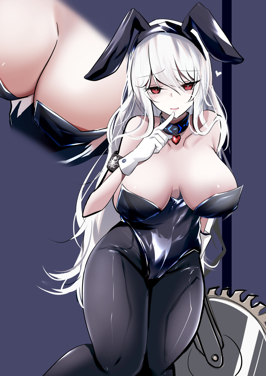 1girl absurdres abyssal_hunters_logo alternate_costume animal_ears arknights armband breasts bunny_ears choker circular_saw commentary_request cowboy_shot fake_animal_ears finger_to_mouth gloves heart highres holding holding_weapon index_finger_raised infection_monitor_(arknights) kouki_hanada large_breasts long_hair long_sleeves looking_at_viewer open_mouth pantyhose playboy_bunny purple_background red_eyes silver_hair smile solo specter_(arknights) weapon white_gloves
