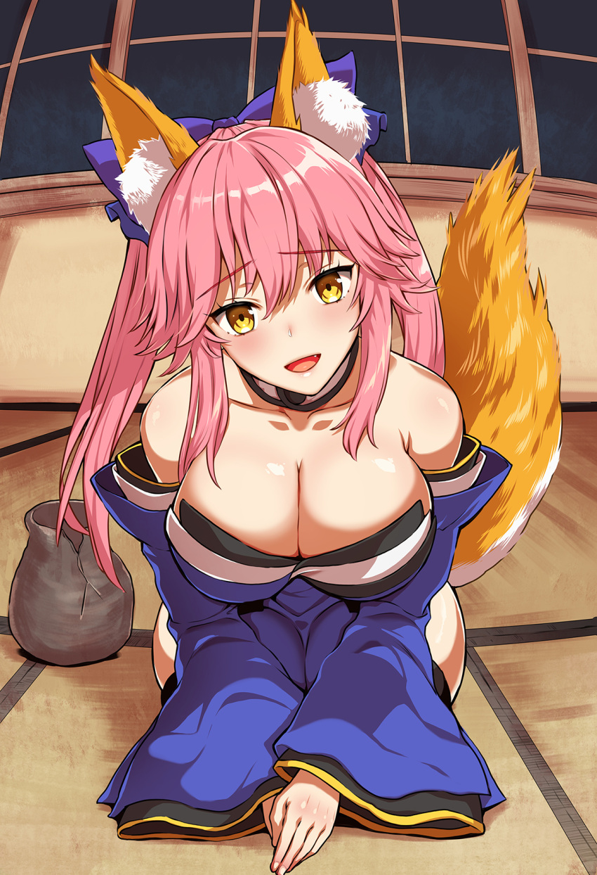 1girl :d animal_ear_fluff animal_ears blue_kimono blue_ribbon blush bow breasts cleavage collarbone detached_sleeves eyebrows_visible_through_hair fang fate/extella fate/extra fate/extra_ccc fate/grand_order fate_(series) fisheye fox_ears fox_girl fox_tail hair_bow hair_ribbon head_tilt highres indoors japanese_clothes kimono kojima_saya large_breasts long_sleeves looking_at_viewer open_mouth pink_hair pot purple_bow ribbon seiza sitting smile solo tail tamamo_(fate)_(all) tamamo_no_mae_(fate) twintails yellow_eyes