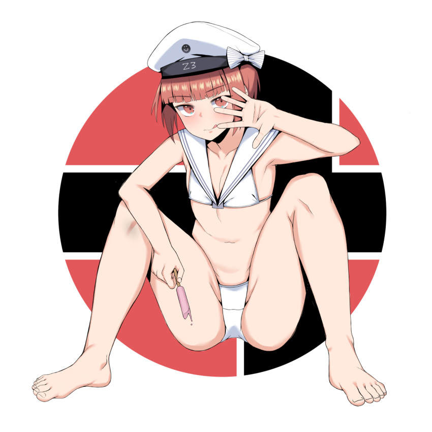 1girl bikini brown_eyes clothes_writing flat_chest food hat highres holding holding_food kantai_collection navel nekokyun popsicle red_hair sailor_bikini sailor_collar sailor_hat short_hair sitting solo swimsuit white_bikini white_headwear z3_max_schultz_(kancolle)