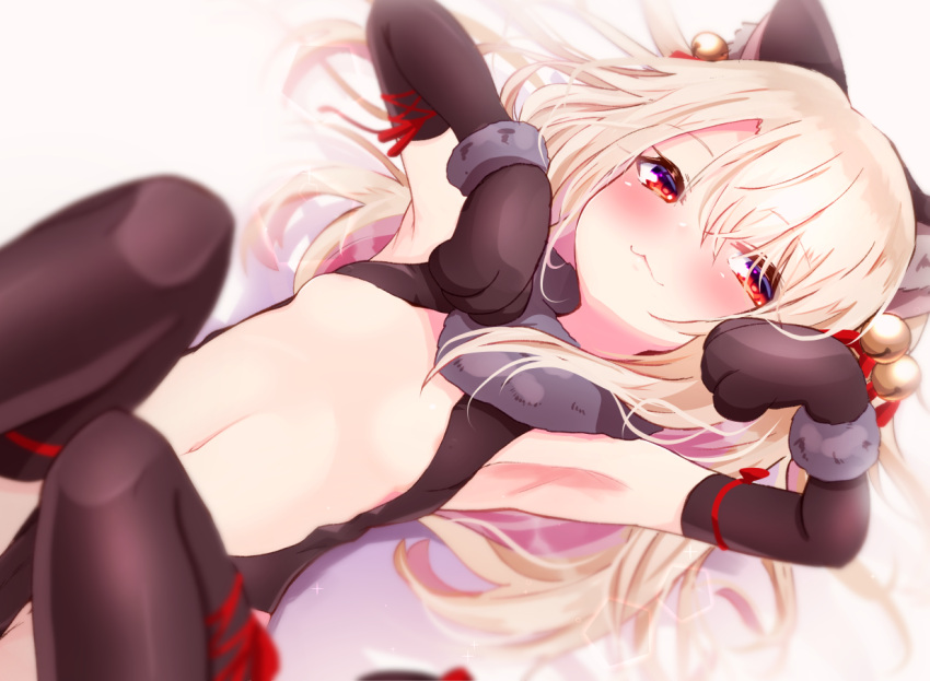 1girl :3 animal_ears armpits bangs baram bell black_gloves black_legwear blonde_hair commentary elbow_gloves eyebrows_visible_through_hair fate/kaleid_liner_prisma_illya fate_(series) fur_collar gloves hair_bell hair_between_eyes hair_ornament hair_spread_out illyasviel_von_einzbern jingle_bell long_hair looking_at_viewer navel paw_gloves paws red_eyes smile solo stomach thighhighs