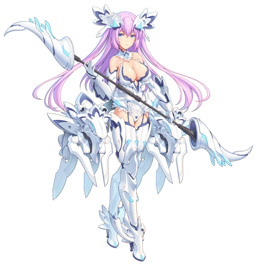 1girl armored_boots bangs blue_eyes boots breasts cleavage elbow_gloves gloves hair_between_eyes high_heel_boots high_heels highres hip_armor holding holding_weapon large_breasts leotard long_hair mecha_musume original pinakes purple_hair science_fiction solo thighhighs weapon white_background