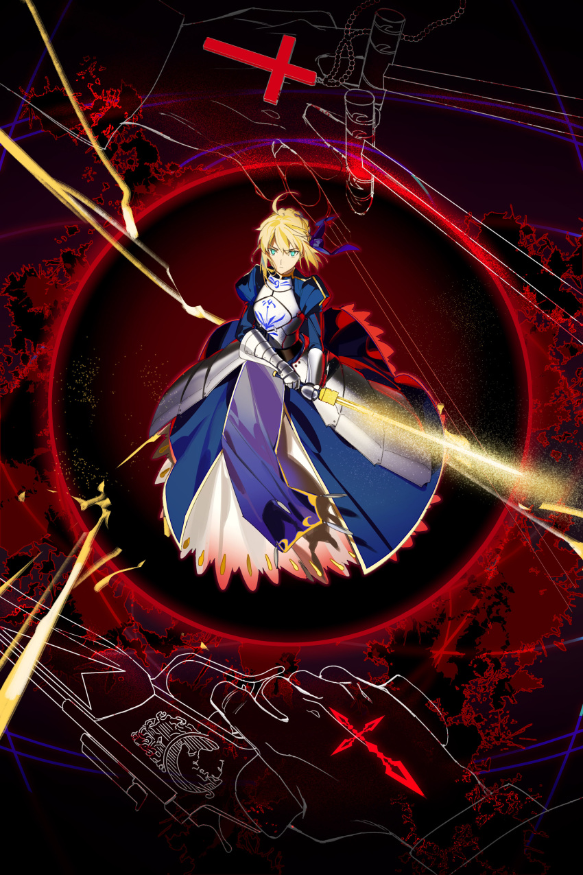 1girl absurdres ahoge aokiku armor armored_dress artoria_pendragon_(all) bangs blonde_hair blue_eyes braid cross dark_background dress excalibur_(fate/stay_night) fate/grand_order fate/zero fate_(series) hair_ribbon highres holding holding_sword holding_weapon looking_at_viewer ribbon saber short_hair sword weapon