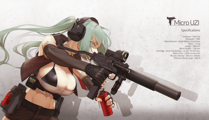1girl abs aronman belt bikini bikini_under_clothes black_bikini boy's_club breasts cleavage commentary_request ear_protection elbow_gloves explosive fingerless_gloves folding_stock foregrip girls'_frontline gloves green_eyes green_hair grenade gun highres holding holding_grenade holding_gun holding_weapon imi_uzi korean_commentary large_breasts long_hair micro_uzi micro_uzi_(girls'_frontline) midriff navel optical_sight pepe_the_frog shadow shorts solo stats submachine_gun suppressor swimsuit twintails weapon
