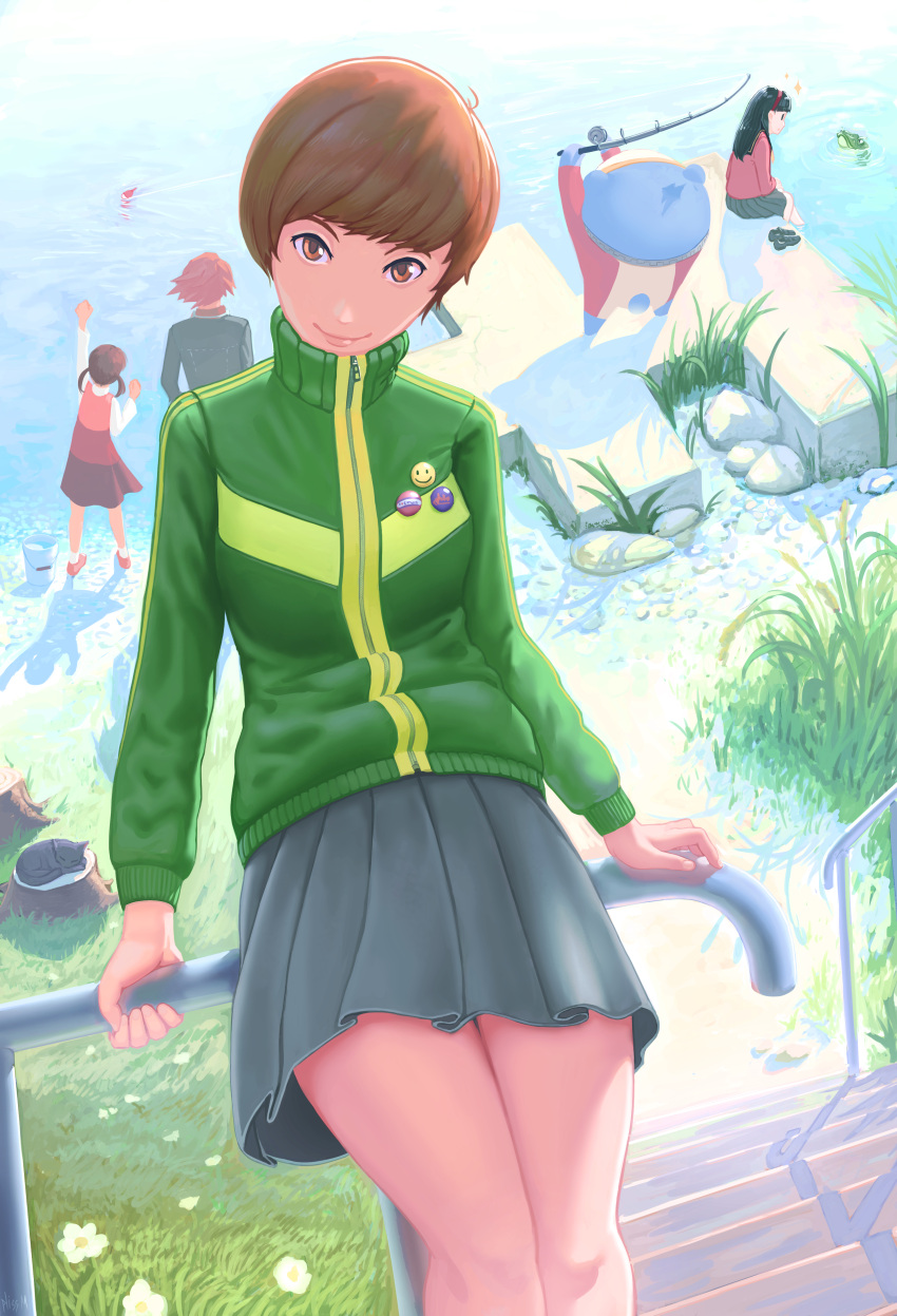 absurdres amagi_yukiko breasts brown_hair cat doujima_nanako fishing fishing_rod green_jacket grey_skirt hanamura_yousuke headphones headphones_around_neck highres jacket kuma_(persona_4) light_smile looking_at_viewer medium_breasts multiple_girls outdoors persona persona_4 persona_4_the_golden pins pliss_m river satonaka_chie school_uniform short_hair skirt track_jacket yasogami_school_uniform zipper