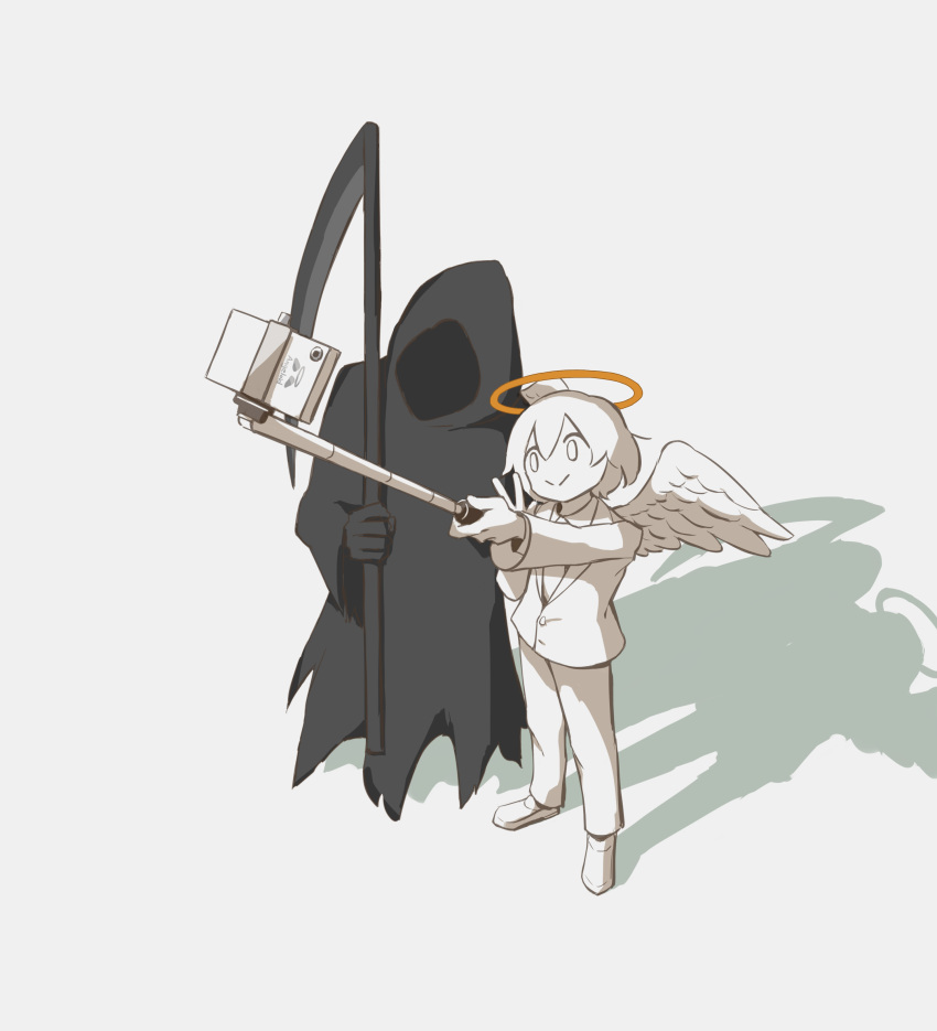 1boy 1other :&gt; absurdres angel angel_wings avogado6 colored_skin death_(entity) feathered_wings halo highres holding holding_scythe jacket long_sleeves original pants scythe selfie selfie_stick shadow shoes smile w white_background white_eyes white_footwear white_hair white_jacket white_pants white_skin white_wings wings