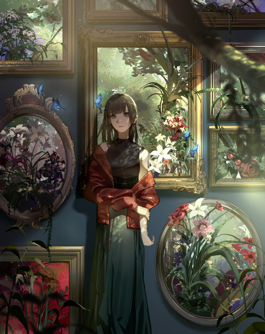 1girl absurdres bangs black_shirt blue_butterfly blunt_bangs blurry blurry_foreground brown_hair bug butterfly commentary earrings english_commentary expressionless feet_out_of_frame flower green_eyes green_skirt highres hoop_earrings huge_filesize indoors insect jacket jewelry lily_(flower) long_hair looking_at_viewer oekaki_taro off_shoulder original picture_(object) picture_frame red_flower red_jacket shirt skirt sleeveless sleeveless_shirt solo white_flower zipper