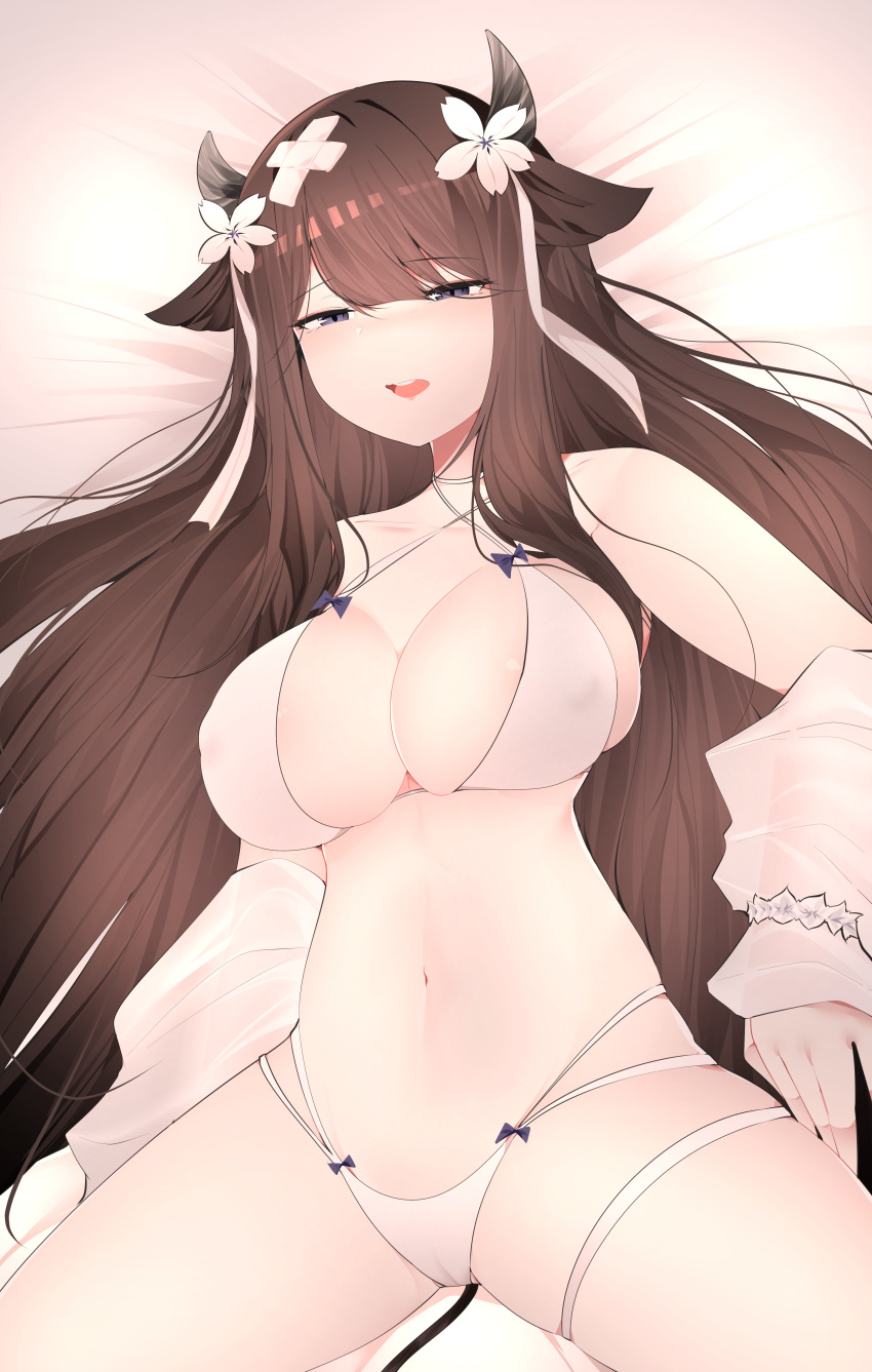1girl absurdres animal_ears azur_lane bandaid bandaid_on_head bikini breasts brown_hair cleavage covered_nipples cow_ears cow_girl cow_horns cow_tail criss-cross_halter crossed_bandaids detached_sleeves flower hair_flower hair_ornament halterneck highres horns kashino_(after-bath_pleasure)_(azur_lane) kashino_(azur_lane) large_breasts long_hair lying multi-strapped_bikini official_alternate_costume on_back on_bed open_mouth purple_eyes samip see-through_sleeves solo swimsuit tail very_long_hair white_bikini white_flower