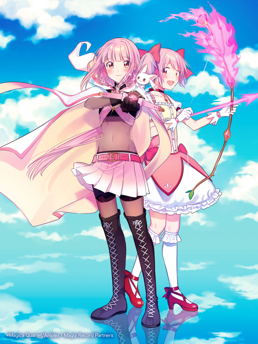 2girls aiming aniplex ankle_ribbon arrow_(projectile) back-to-back bangs belt bike_shorts black_footwear black_gloves blue_sky blunt_bangs bodystocking boots bow bow_(weapon) braid bubble_skirt buttons center_frills chain clenched_hand cloak closed_mouth cloud cloudy_sky collarbone commentary_request copyright_name cover cover_page creature creature_on_shoulder crop_top cross-laced_footwear crossbow dot_nose eyebrows_visible_through_hair fire flame flat_chest floating_hair flower frilled_legwear frilled_skirt frills fuji_fujino full_body gloves glowing groin hair_ribbon hand_on_own_arm highres holding holding_bow_(weapon) holding_weapon hood hood_down kaname_madoka kyubey leaf legs_together light_blush light_particles light_rays looking_at_another looking_at_viewer looking_to_the_side magia_record:_mahou_shoujo_madoka_magica_gaiden mahou_shoujo_madoka_magica midriff multiple_girls navel official_art on_shoulder open_mouth pink_belt pink_bow pink_eyes pink_flower pink_hair pink_rose pink_skirt pleated_skirt puffy_short_sleeves puffy_sleeves red_footwear red_ribbon reflection reflective_floor ribbon rose shiny shiny_hair short_sleeves sidelocks skirt sky smile socks soul_gem standing straight_hair tamaki_iroha thigh_boots thighhighs turtleneck twin_braids waist_bow weapon white_cloak white_gloves white_legwear white_skirt zettai_ryouiki