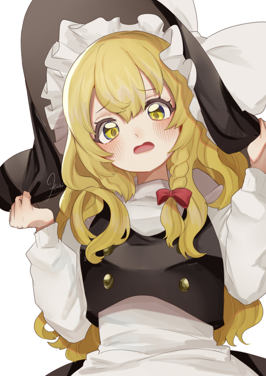 1girl absurdres black_dress blonde_hair blush dress from_below hat highres kirisame_marisa long_hair open_mouth simple_background solo touhou uchisaki_himari upper_body white_background witch_hat yellow_eyes