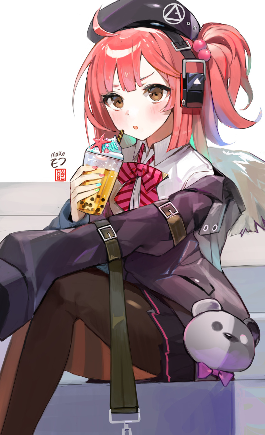 1girl absurdres ahoge bangs beret blush bow bowtie brown_eyes bubble_tea collared_shirt cup drinking_straw ear_protection fur_trim girls'_frontline hair_bobbles hair_ornament hat highres holding holding_cup jacket long_hair long_sleeves looking_at_viewer moko_(moko/moko) mp7_(girls'_frontline) nail_polish off_shoulder open_mouth pantyhose pink_hair pleated_skirt ponytail red_hair shirt signature sitting skirt solo white_shirt