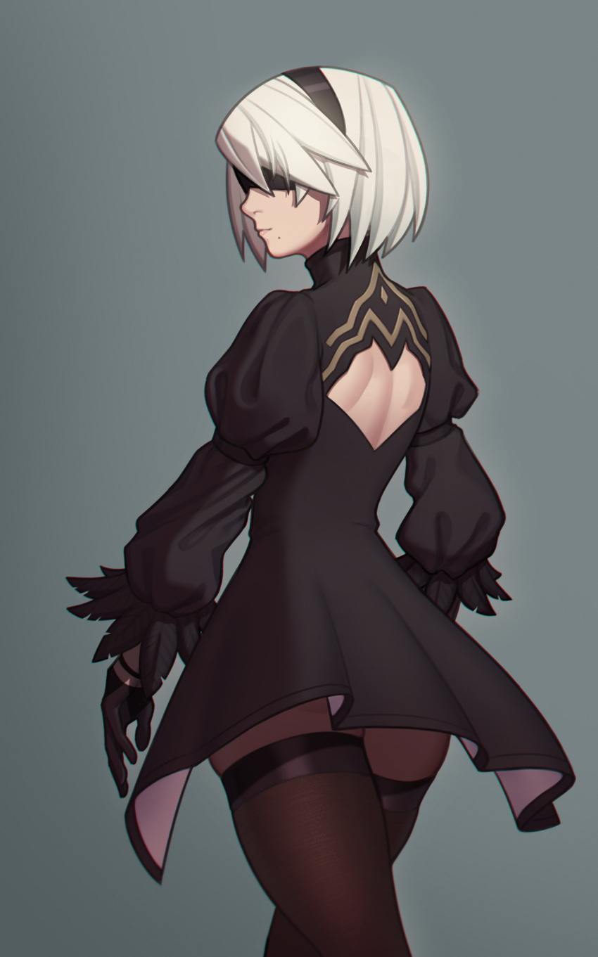 1girl absurdres back_cutout black_blindfold black_dress black_gloves black_hairband black_legwear blindfold boots clothing_cutout covered_eyes dress feather-trimmed_sleeves fellming gloves grey_hair hairband highres juliet_sleeves long_sleeves mole mole_under_mouth nier_(series) nier_automata no_bra nose puffy_sleeves short_hair solo thick_thighs thigh_boots thighhighs thighhighs_under_boots thighs walking_away yorha_no._2_type_b