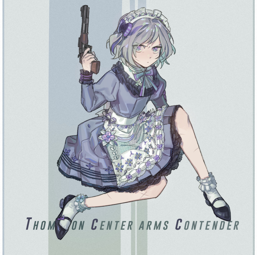 1girl apron bow commentary contender_(girls'_frontline) cretaceum dress frilled_dress frilled_legwear frills full_body girls'_frontline grey_hair gun hair_bow handgun holding holding_gun holding_weapon juliet_sleeves long_sleeves looking_at_viewer maid maid_headdress multicolored_hair official_alternate_costume puffy_sleeves purple_eyes purple_hair short_hair solo streaked_hair thompson/center_contender weapon