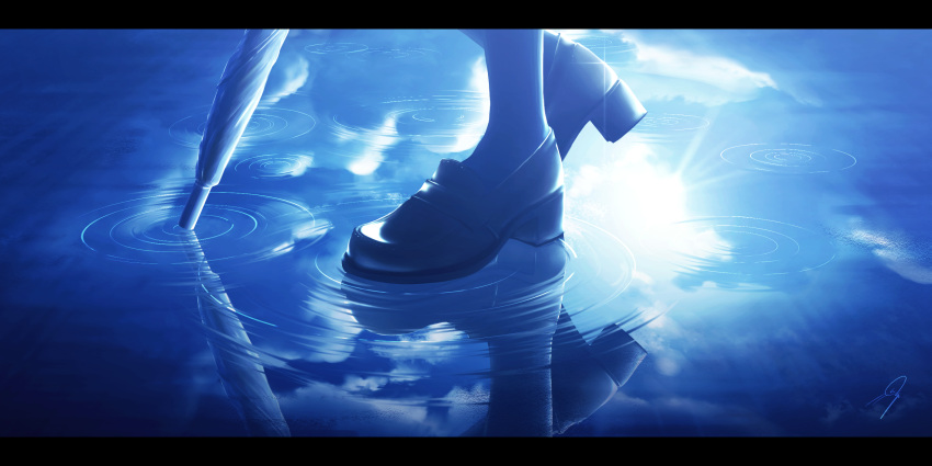 1other ambiguous_gender backlighting blue_legwear blue_sky blue_theme close-up cloud commentary_request feet feet_only highres holding holding_umbrella kijineko letterboxed loafers lower_body original reflection ripples shoes signature sky umbrella