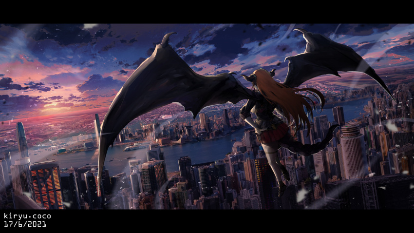 1girl absurdres ahoge architecture bow building character_name city cityscape commentary dated dragon_girl dragon_horns dragon_tail dragon_wings english_commentary flying highres hololive horn_bow horns kiryu_coco landscape letterboxed long_hair orange_hair outdoors pointy_ears rooftop scenery sky skyline tail virtual_youtuber vyragami wind wings