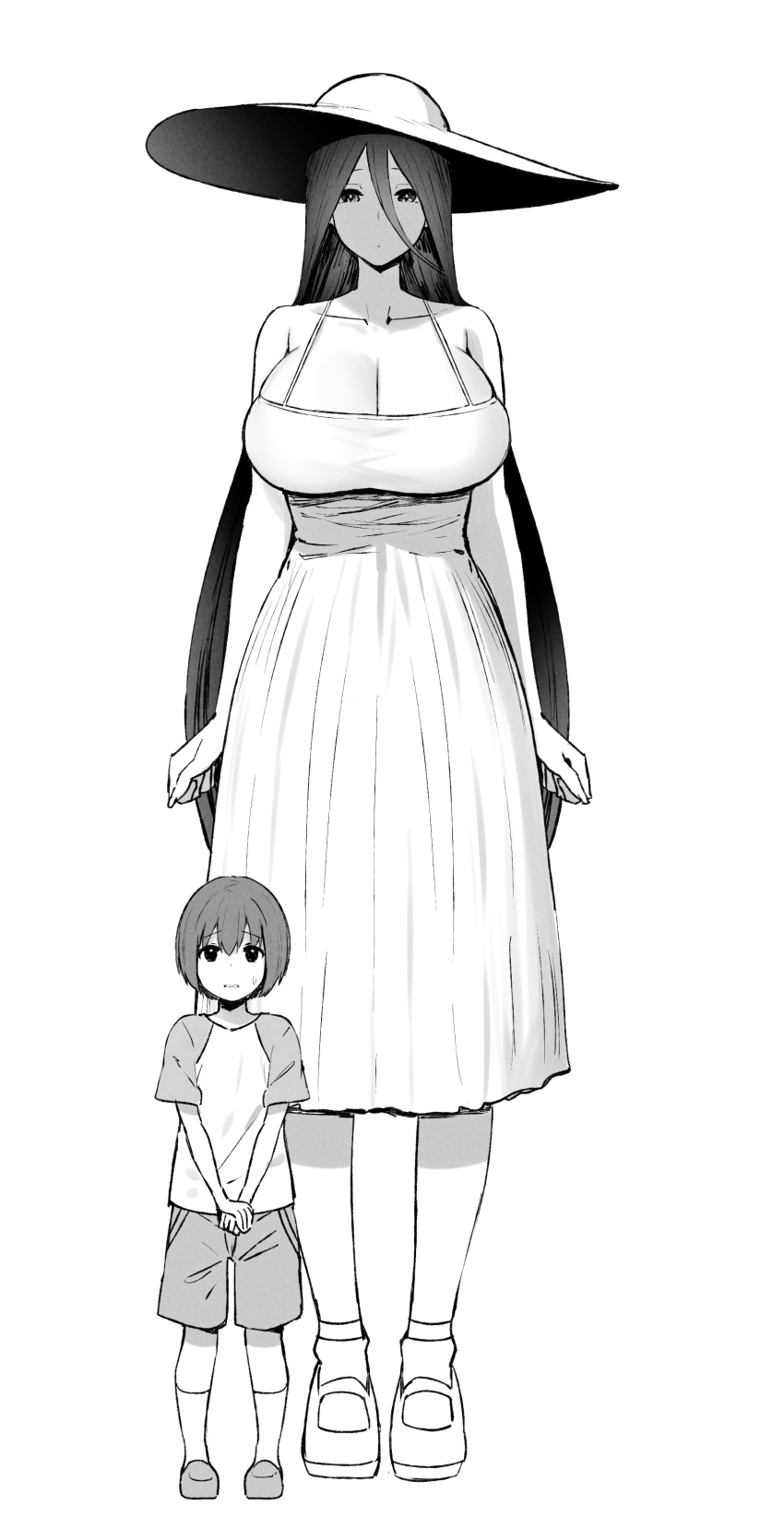 1boy 1girl absurdres age_difference bangs bare_shoulders breasts child cleavage collarbone curvy dot_mouth dress full_body greyscale hair_between_eyes hands_together hasshaku-sama hat highres large_breasts long_hair looking_at_viewer mature_female monochrome original short_hair short_sleeves shorts size_difference sky-freedom standing sun_hat very_long_hair