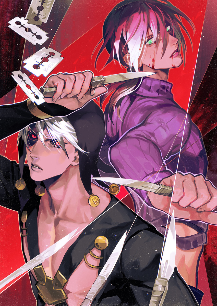 2boys black_coat black_headwear black_sclera blood blood_on_face chest_harness coat collarbone colored_sclera green_eyes harness hat hat_bobbles highres holding holding_knife holding_weapon jojo_no_kimyou_na_bouken knife long_hair looking_at_viewer male_focus multiple_boys nanatoki parted_lips pink_hair purple_sweater razor_blade red_eyes risotto_nero sweater toned toned_male upper_body vento_aureo vinegar_doppio weapon