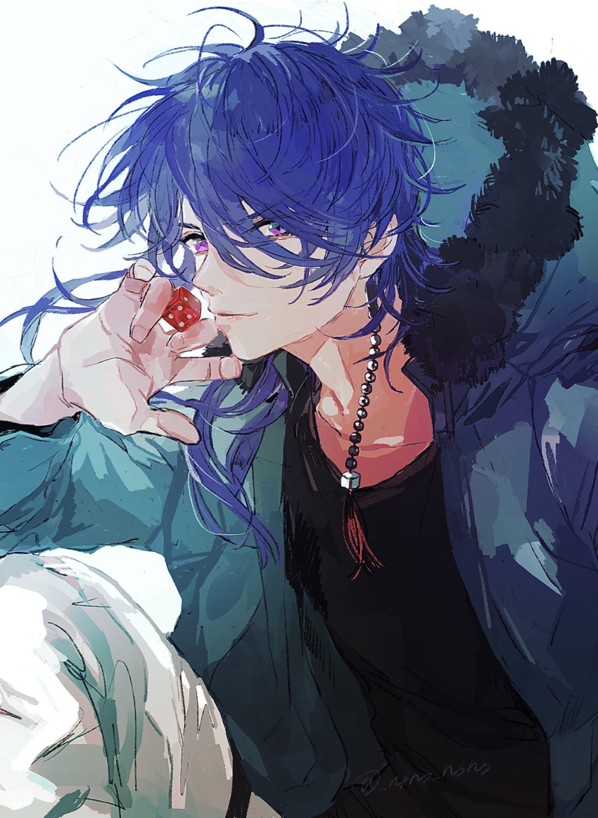 1boy arisugawa_dice asymmetrical_hair black_shirt blue_hair blue_jacket closed_mouth collarbone commentary_request dice earrings eyebrows_visible_through_hair fur-trimmed_jacket fur_trim hanakazesun hand_up highres holding_dice hood hooded_jacket hypnosis_mic jacket jewelry long_hair looking_at_viewer male_focus pants purple_eyes shirt simple_background single_earring solo upper_body v-shaped_eyebrows white_background white_pants