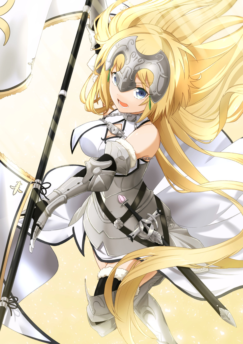 1girl absurdres armor armored_dress azami_masurao bangs bare_shoulders blonde_hair breasts chain dress fate/apocrypha fate/grand_order fate_(series) flag highres holding holding_flag holding_weapon jeanne_d'arc_(fate) jeanne_d'arc_(fate)_(all) long_hair looking_at_viewer looking_up open_mouth solo standing standing_on_one_leg sword thighhighs very_long_hair weapon white_dress yellow_eyes