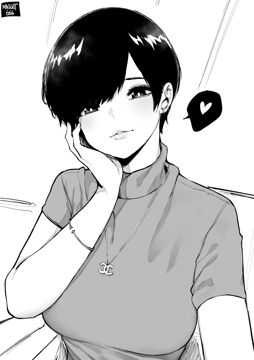 1girl absurdres artist_name black_hair breasts bright_pupils commentary english_commentary greyscale hand_on_own_face heart highres jewelry lips looking_at_viewer monochrome necklace norman_maggot olive_laurentia original parted_lips shirt short_hair solo spoken_heart turtleneck white_pupils