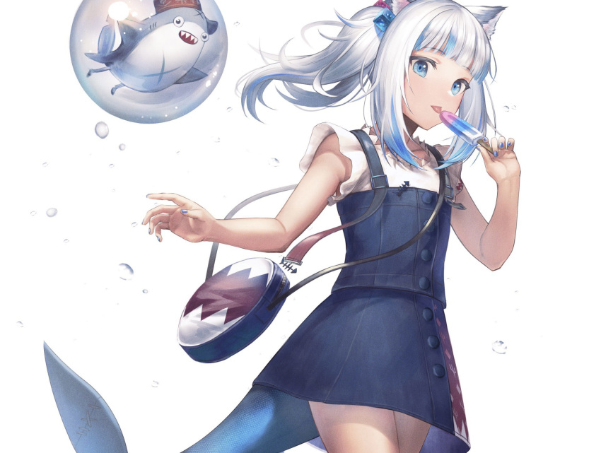 1girl animal_ears bag bangs bloop_(gawr_gura) blue_eyes blue_hair blue_nails blunt_bangs bubble cat_ears cowboy_shot fish_tail food gawr_gura handbag highres hololive hololive_english multicolored_hair one_side_up popsicle shark_girl shark_tail silver_hair solo streaked_hair tail tongue tongue_out virtual_youtuber weizen