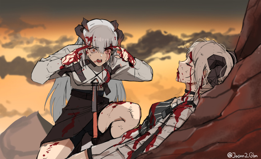 2girls arknights bangs black_neckwear blood blood_on_face bloody_hands choker closed_eyes commentary english_commentary eyebrows_visible_through_hair grey_hair horns ifrit_(arknights) invincible_(series) jason_kim long_hair lying meme multiple_girls multiple_horns on_back open_mouth parody pointing pointing_at_self saria_(arknights) shorts shorts_under_skirt skirt think_mark_think!_(meme) twitter_username yellow_eyes