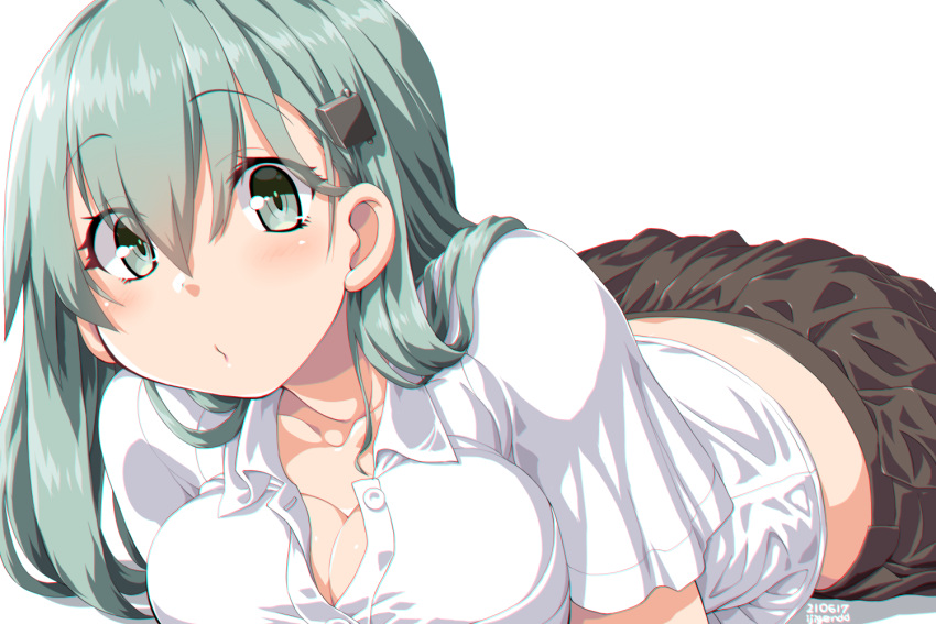 1girl aqua_hair black_skirt blush breasts brown_skirt cleavage collarbone commentary dd_(ijigendd) eyebrows_visible_through_hair hair_between_eyes hair_ornament hairclip kantai_collection large_breasts long_hair looking_at_viewer pleated_skirt school_uniform shirt simple_background skirt solo suzuya_(kancolle) white_background white_shirt