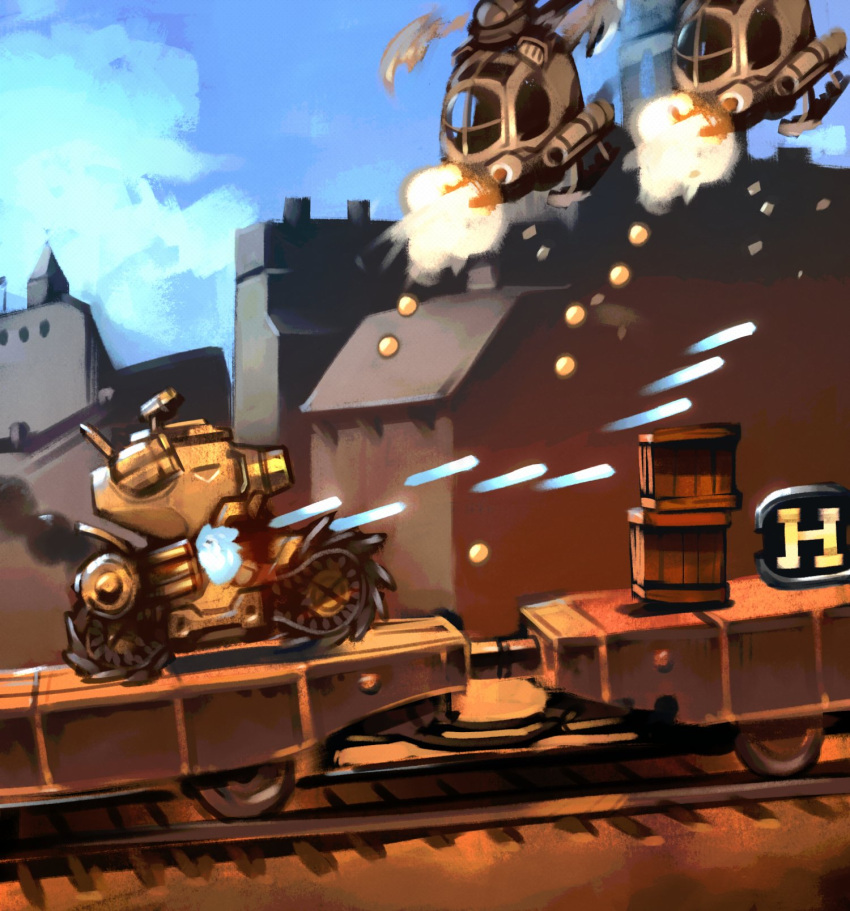 3others aircraft battle crate english_commentary fake_screenshot firing ground_vehicle helicopter highres metal_slug military military_vehicle motor_vehicle multiple_others muzzle_flash no_humans optionaltypo power-up sv001_(metal_slug) tank train