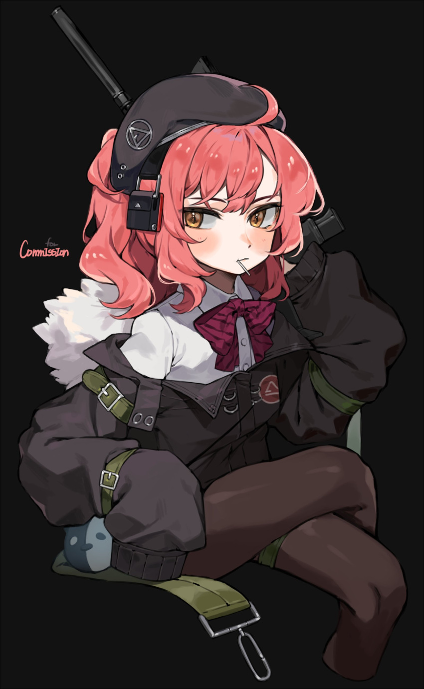 1girl absurdres ahoge beret blush candy crossed_legs food girls'_frontline gun h&amp;k_mp7 hat highres light_brown_eyes lollipop medium_hair mp7_(girls'_frontline) pantyhose red_hair solo submachine_gun suppressor useq1067 weapon