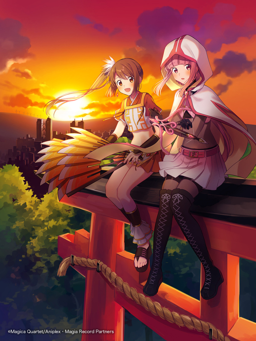 2girls aniplex ankleband bangs belt bike_shorts black_footwear black_gloves blunt_bangs bodystocking boots braid brown_footwear brown_hair building chain_belt city cloak cloud cloudy_sky commentary_request copyright_name cover cover_page crop_top cross-laced_footwear crossbow dark_clouds dot_nose earrings eyebrows_visible_through_hair fan fingernails folding_fan frills fuji_fujino full_body gloves glowing gradient gradient_sky hand_on_own_arm happy highres holding holding_fan hood hood_up horizon jewelry legs_together looking_at_viewer magia_record:_mahou_shoujo_madoka_magica_gaiden mahou_shoujo_madoka_magica midriff multiple_girls navel official_art open_mouth orange_eyes orange_skirt orange_sky outdoors parted_lips pink_belt pink_eyes pink_hair pink_skirt platform_footwear pleated_skirt red_sky rope sandals shoes side-by-side side_ponytail sidelocks sitting skirt sky soul_gem sun sunlight sunset tamaki_iroha thigh_boots thighhighs torii tree weapon white_cloak wide_sleeves wind_turbine wristband yui_tsuruno