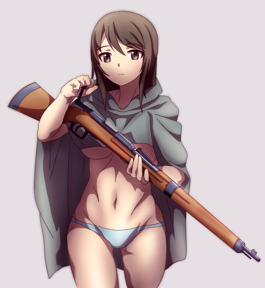 1girl 9s0ykoyama117 abs absurdres bangs blue_panties breasts brown_eyes brown_hair closed_mouth cowboy_shot eyebrows_visible_through_hair frown girls_und_panzer grey_background grey_cloak gun highres hood hood_down large_breasts long_hair mika_(girls_und_panzer) navel nearly_naked_cape no_bra no_hat no_headwear no_pants panties rifle simple_background solo standing type_30_rifle underwear weapon