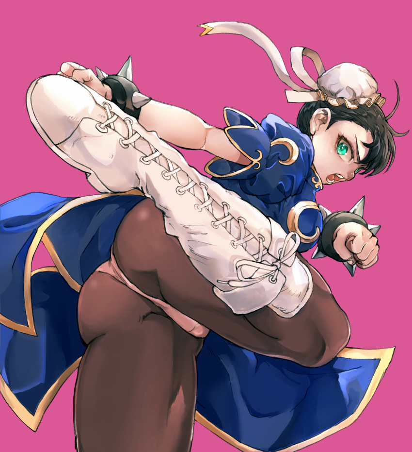 1girl ass black_hair blue_dress boots bracelet breasts brown_legwear bun_cover china_dress chinese_clothes chun-li clenched_hands cross-laced_footwear double_bun dress green_eyes hajime_(kuninotokotatinokami) high_kick highres jewelry kicking knee_boots large_breasts looking_at_viewer open_mouth panties panties_under_pantyhose pantyhose pink_background puffy_short_sleeves puffy_sleeves short_sleeves shouting solo spiked_bracelet spikes street_fighter street_fighter_ii_(series) thick_thighs thighs underwear upskirt white_footwear white_panties