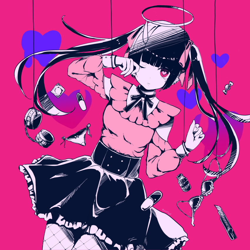 1girl absurdres bendy_straw black_footwear black_hair black_skirt borrowed_design bow bow_bra bra bra_removed can candy darling_dance_(vocaloid) detached_sleeves drinking_straw fishnet_legwear fishnets food frilled_skirt frills hair_bow halo hatsune_miku head_tilt heart heart-shaped_pupils heart_lollipop highres katorea kneeling lollipop long_sleeves looking_at_viewer original parted_lips pill pink_bow pink_shirt pink_sleeves purple_background red_eyes shirt shoes skirt skirt_hold sleeveless sleeveless_shirt smile solo song_name symbol-shaped_pupils twintails underwear vocaloid
