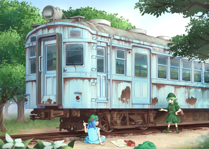 2girls arm_up backpack backpack_removed bag blue_eyes blue_hair blue_shirt blue_skirt boots box calcmis_gowa day eye_contact flat_cap flower green_footwear green_hair green_headwear green_shirt green_skirt ground_vehicle hair_bobbles hair_ornament hand_on_hip hat highres kawashiro_nitori key looking_at_another multiple_girls on_ground open_mouth outdoors pointing railroad_tracks rust shirt short_hair sideways_mouth sitting skirt sleeveless sleeveless_shirt standing toolbox touhou train tree two_side_up wide_shot yamashiro_takane