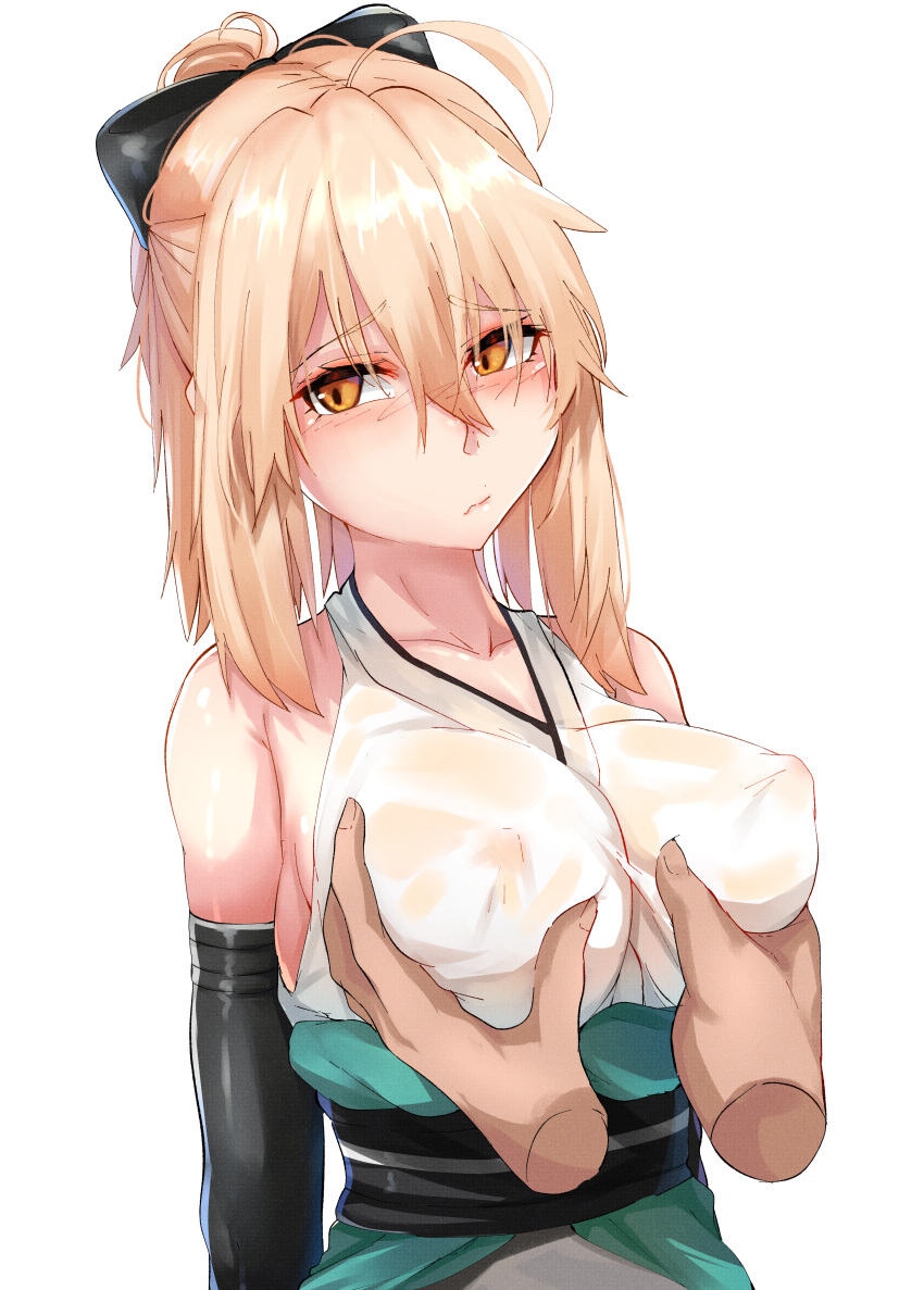 1girl absurdres ahoge arm_guards black_bow blonde_hair bow breast_grab breasts disembodied_limb fate/grand_order fate_(series) grabbing groping hair_between_eyes hair_bow half_updo highres huge_filesize imes japanese_clothes kimono large_breasts obi okita_souji_(fate) okita_souji_(fate)_(all) sash sidelocks sleeveless sleeveless_kimono upper_body white_kimono yellow_eyes