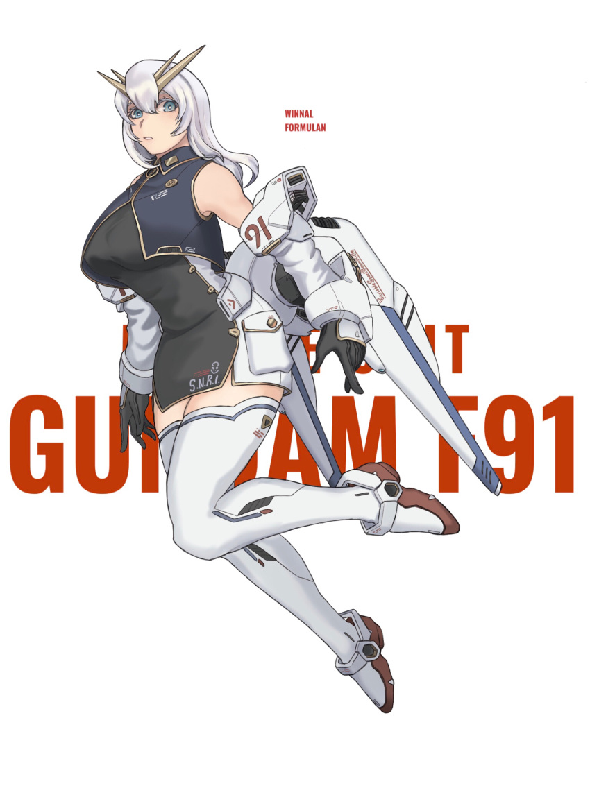1girl black_dress black_gloves blush boots character_name chinese_commentary copyright_name dress f91_gundam floating gloves gundam gundam_f91 highres jinri_shijie mecha_musume open_hands parted_lips personification silver_hair solo thigh_boots thighhighs v-fin white_background
