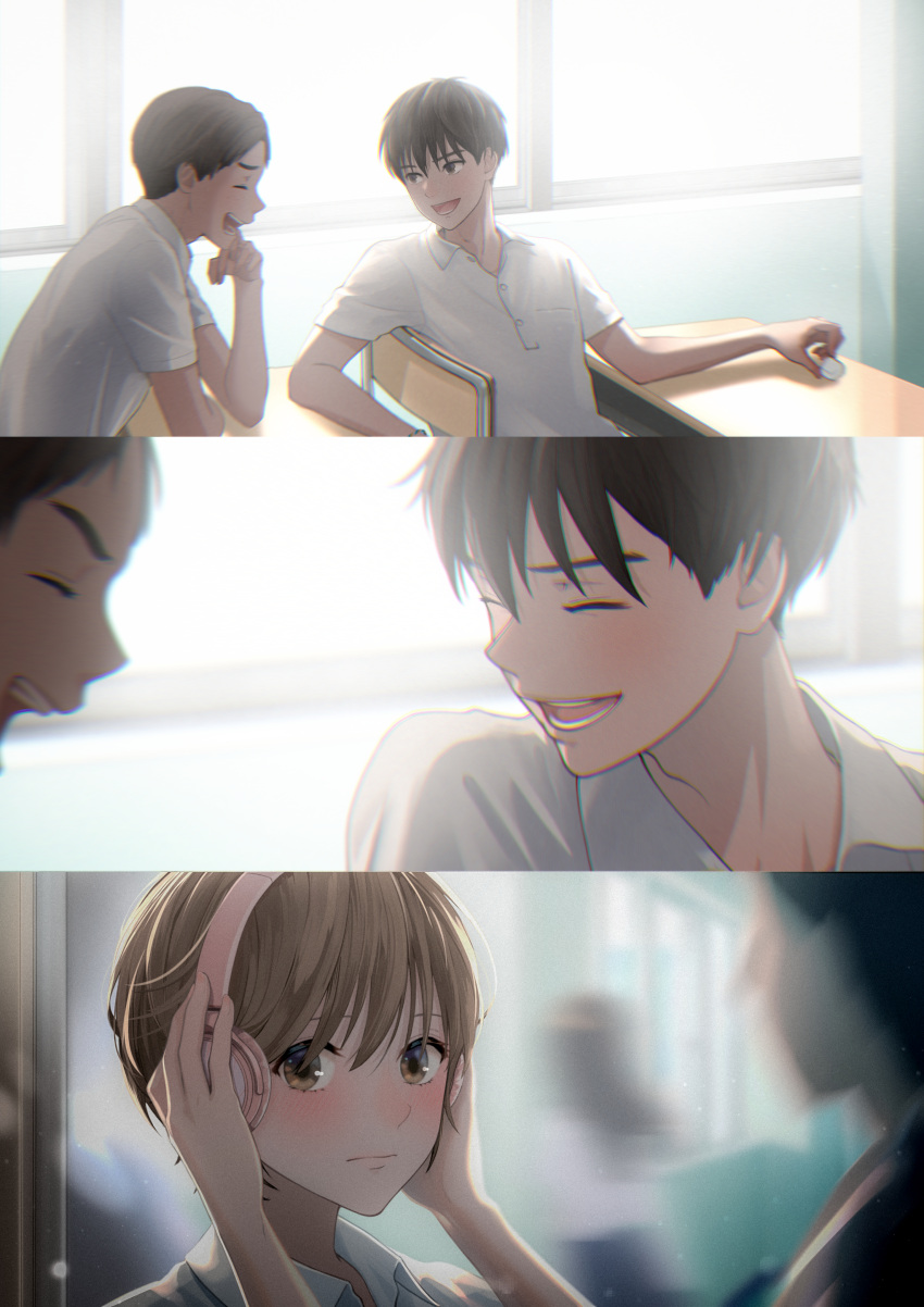 1girl 2boys :d absurdres bands blurry blurry_background blush brown_eyes brown_hair closed_eyes desk eraser facing_another highres indoors laughing macaronk multiple_boys open_mouth original school_desk shirt short_hair short_sleeves sitting smile upper_body white_shirt window