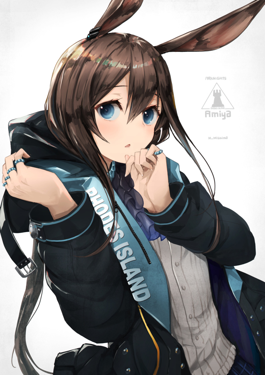 1girl amiya_(arknights) animal_ears arknights artist_name ascot black_jacket blue_eyes blue_neckwear blue_skirt brown_hair bunny_ears buttons character_name commentary_request copyright_name hair_between_eyes highres hood hood_down jacket long_hair looking_at_viewer mishima_hiroji multiple_rings open_mouth plaid plaid_skirt ponytail revision rhodes_island_logo shirt simple_background skirt solo upper_body white_background white_shirt